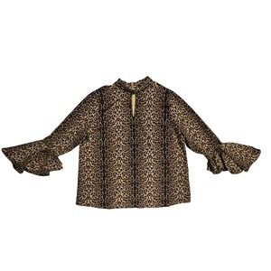 Peter Nygard Leopard Print Ruffle Sleeve Mock Neck Blouse Top Women XL